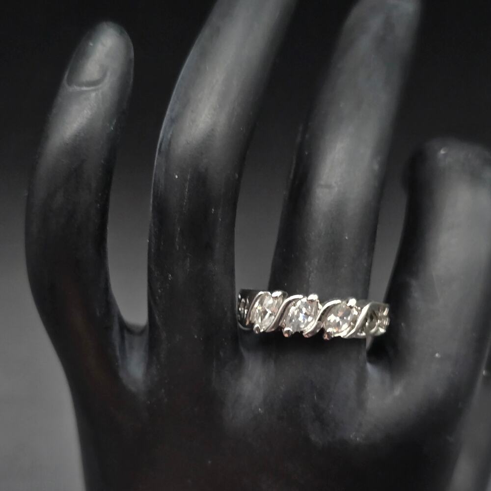 Cubic Zirconia Ring Heart Shaped Cut Out Band Silver Tone Size 8